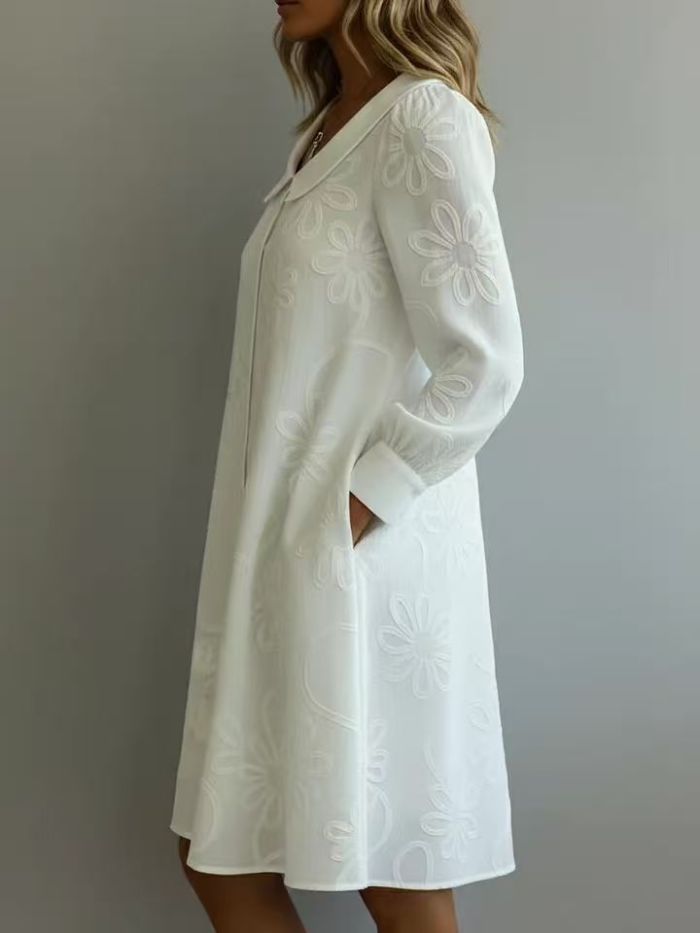 ✨Solid Shirt Collar Long Sleeve Button Midi Dress🤍