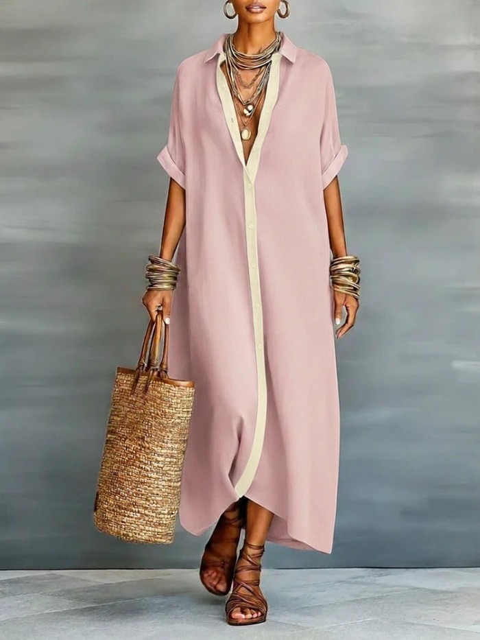 ✨Turn-Down Collar Button Patchwork Solid Shirt Maxi Dress🤍