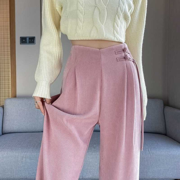 ✨Daily Casual Travel Buckle High Waist Draped Straight Wide Leg Pants🍃
