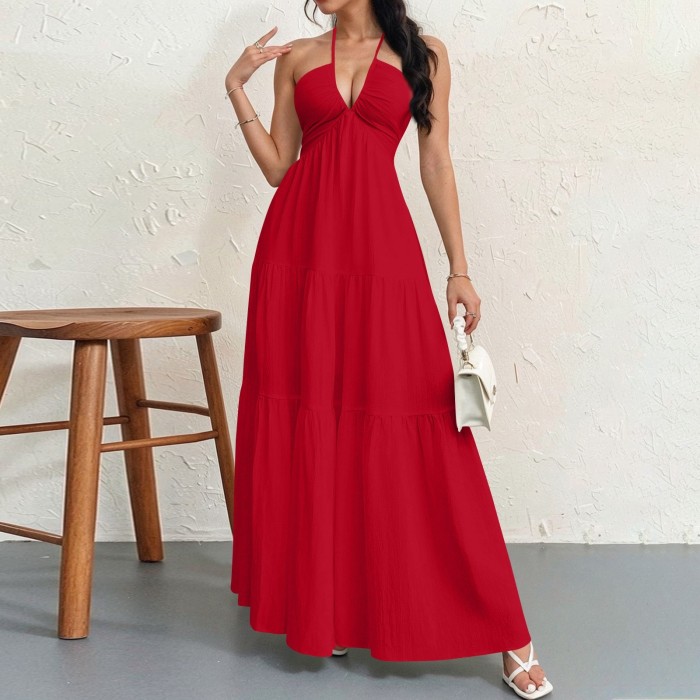 ✨Beach Vacation Bohemian Solid Halter Neck Suspender Maxi Dress🌴