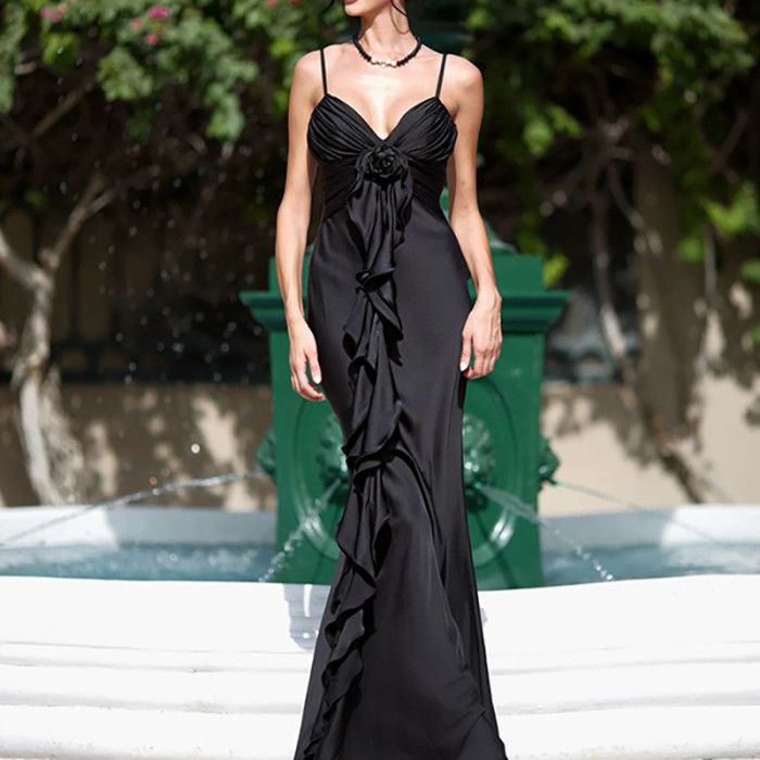 ✨Banquet & Cocktail V-Neck Ruffled Solid Sleeveless Long Dress🥂
