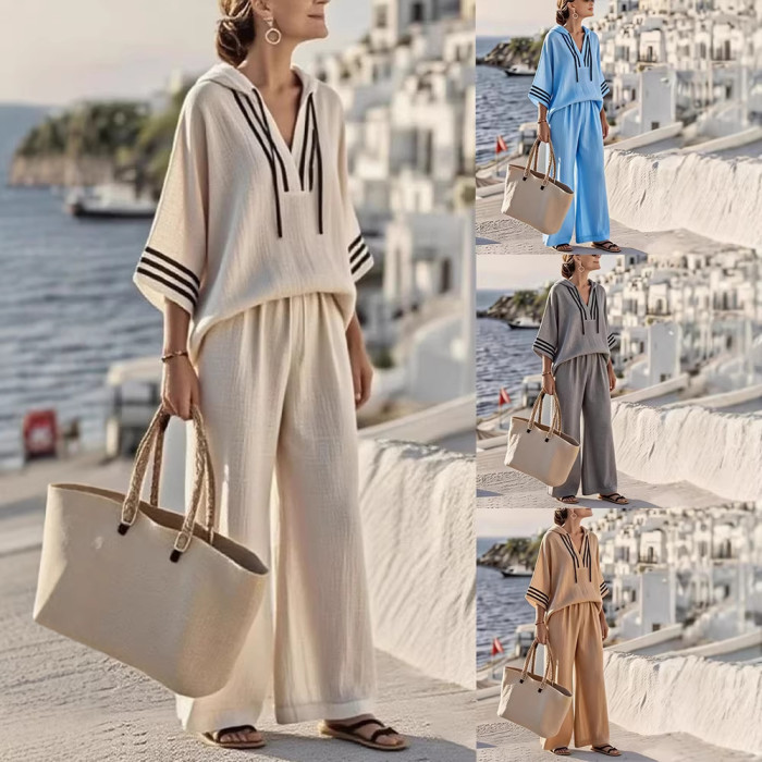 ✨Daily & Leisure Hooded 7-quarter Sleeve Solid Two-piece Outfit☁️