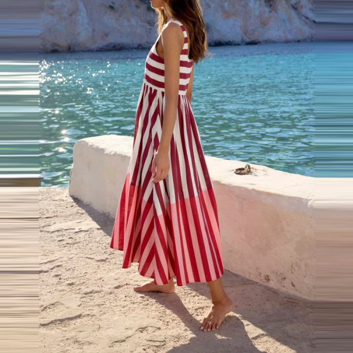 ✨Beach & Party Square Neck Striped Print Backless Long Dress🌊