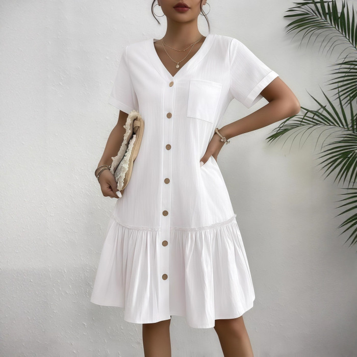 ✨Daily Casual & Weekend Single Breasted Ruffled Hem Short Sleeve Dress🌿