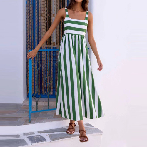 ✨Beach & Party Square Neck Striped Print Backless Long Dress🌊