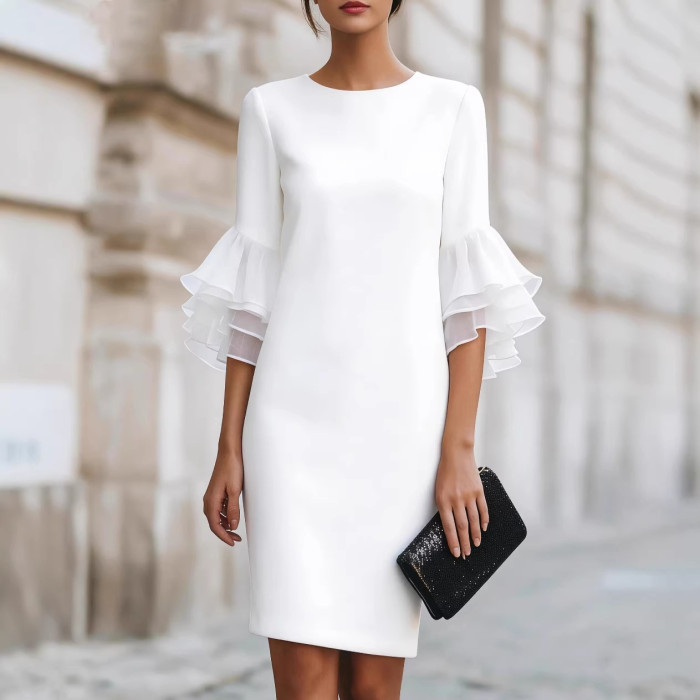 ✨Formal Party Round Neck Chiffon Patchwork Flared Sleeve Mini Dress🌸