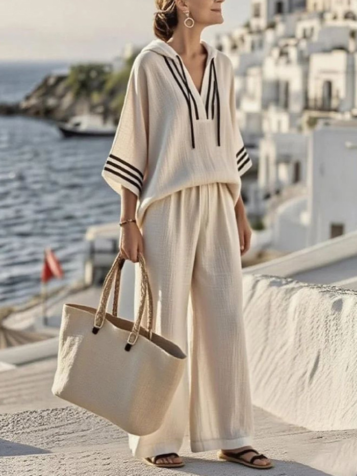 ✨Daily & Leisure Hooded 7-quarter Sleeve Solid Two-piece Outfit☁️