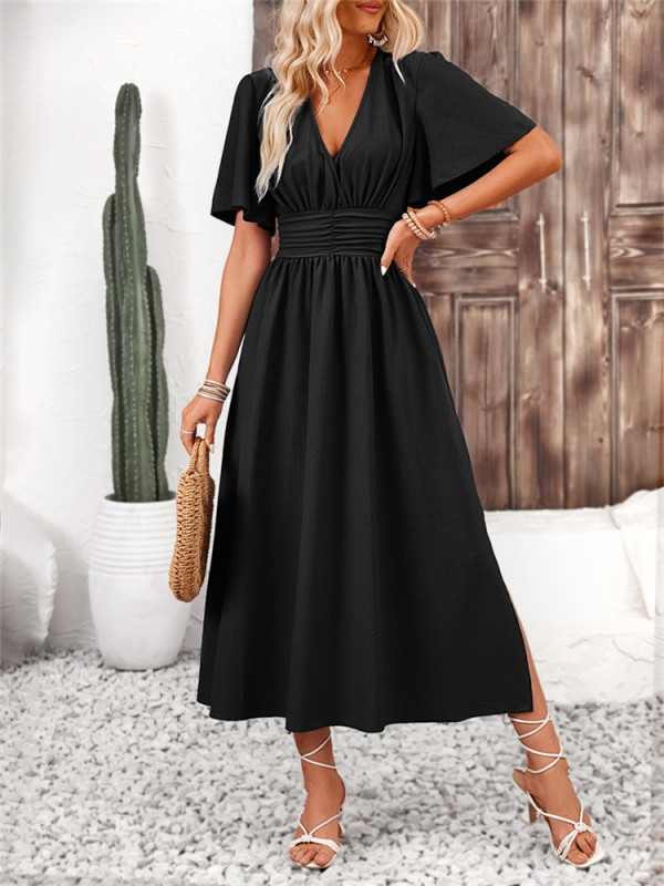 ✨Daily Dating High Street V-Neck Pleated Solid Ruffle Midi Dress🌿