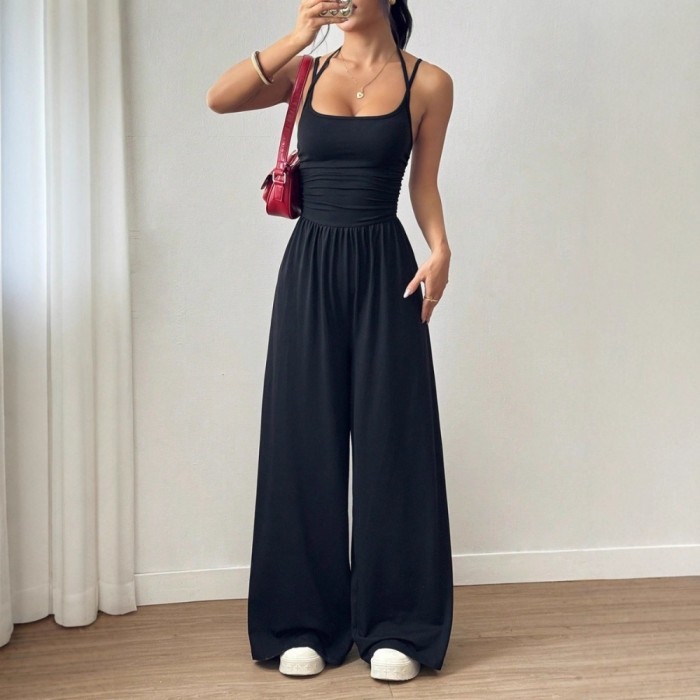 ✨Street & Daily Halter Neck Ruched Sleeveless High Waist Wide Leg Jumpsuit✨