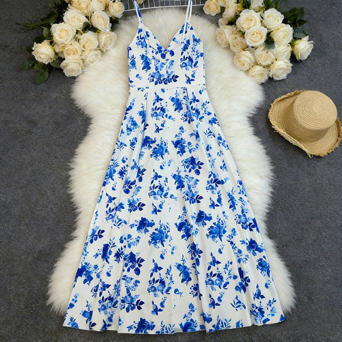 ✨Beach & Daily Chest Wrap Blue Printed High Waist Long Dress💙