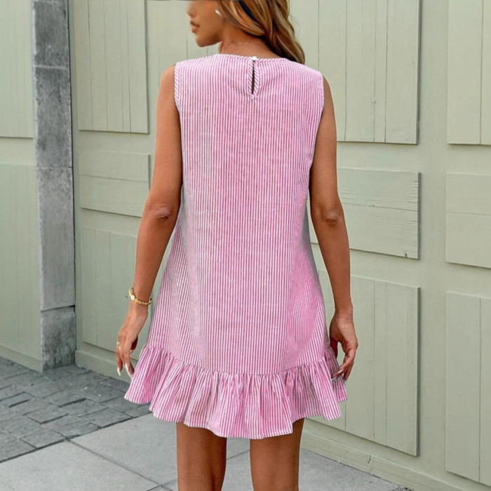 ✨Casual Summer & Daily Sleeveless Striped Ruffle Hem Mini Shift Dress🌿