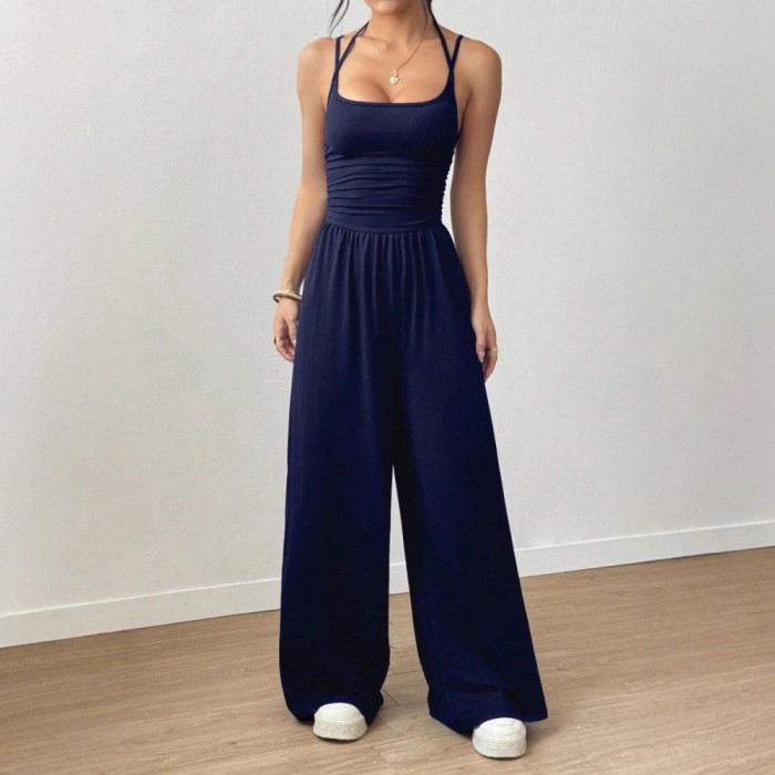 ✨Street & Daily Halter Neck Ruched Sleeveless High Waist Wide Leg Jumpsuit✨