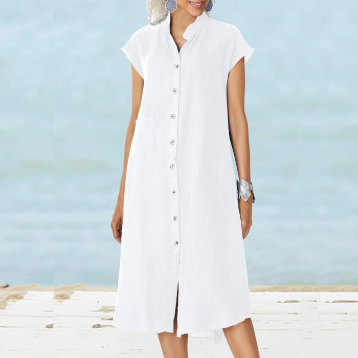 ✨Beach & Daily Casual Black Short Sleeve Button Down Midi Dress🌿