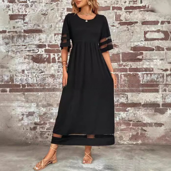 ✨Daily Casual & Shopping Round Neck Mesh Splicing Quarter Sleeve Pocket Dress🍃