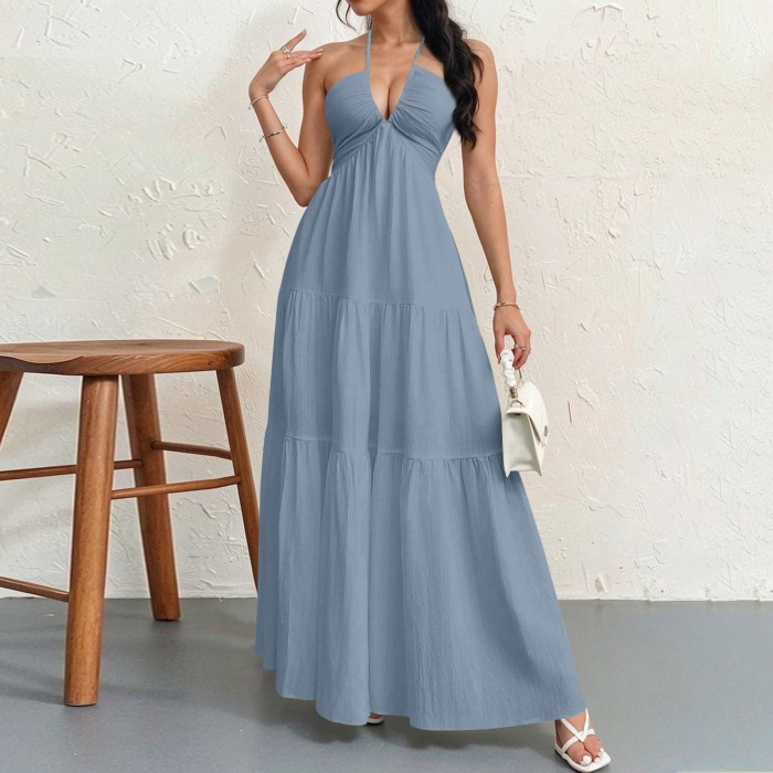 ✨Beach Vacation Bohemian Solid Halter Neck Suspender Maxi Dress🌴