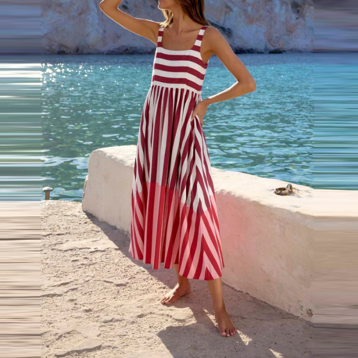 ✨Beach & Party Square Neck Striped Print Backless Long Dress🌊