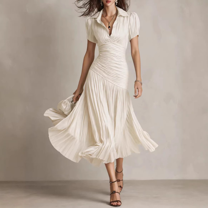 ✨Daily & Commute Lapel Striped High Waist A-Line Shirt Dress🌿