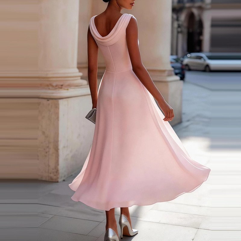 ✨Office Daily O-Neck Sleeveless Chiffon High Waist Swing Midi Dress🤍