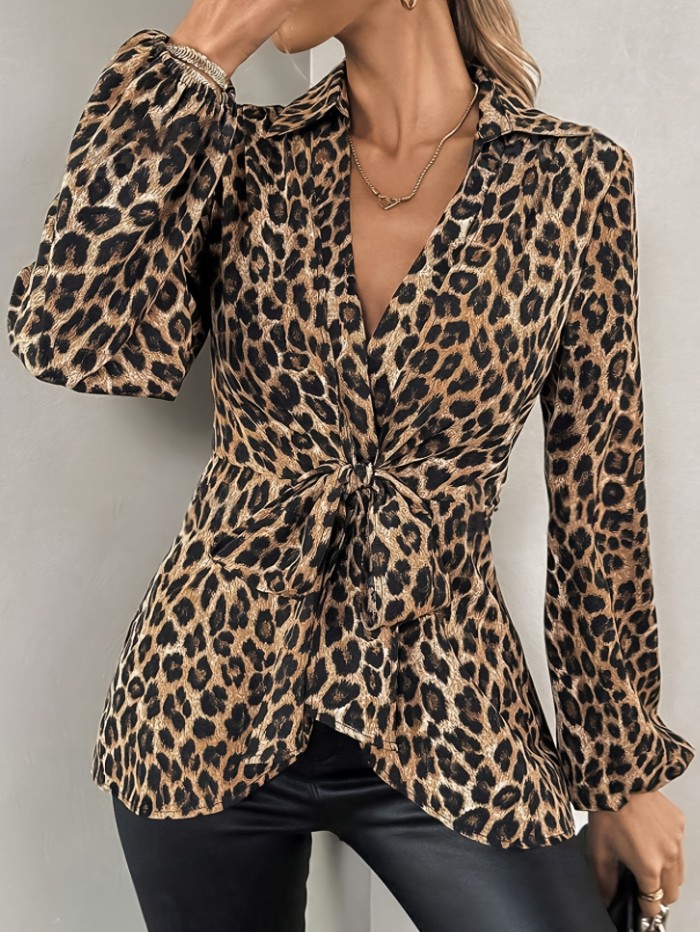 ✨Daily Casual & Street V-Neck Leopard Print Lace-Up Long Sleeve Shirt🐆