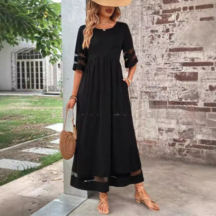 ✨Daily Casual & Shopping Round Neck Mesh Splicing Quarter Sleeve Pocket Dress🍃
