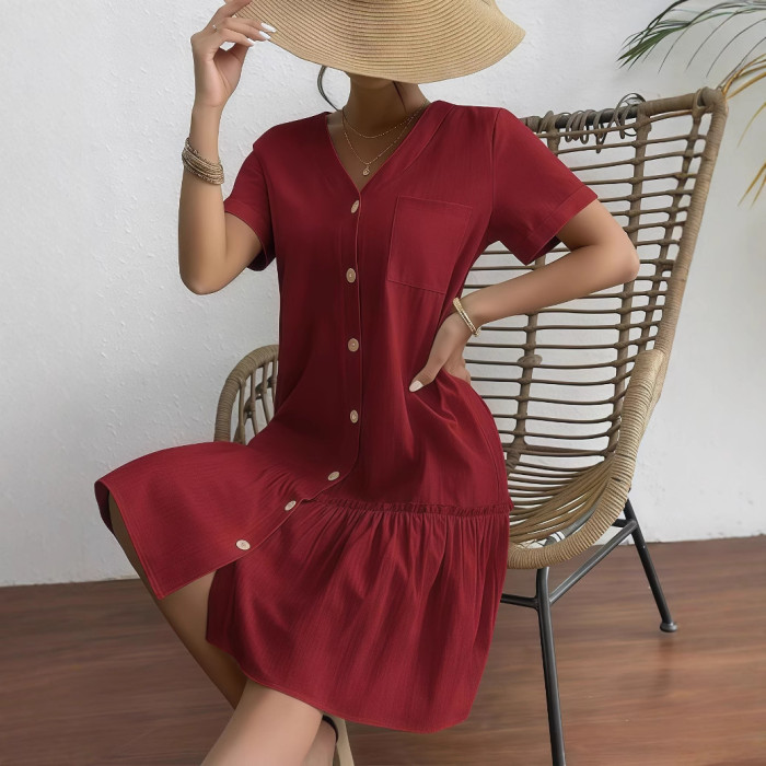 ✨Daily Casual & Weekend Single Breasted Ruffled Hem Short Sleeve Dress🌿