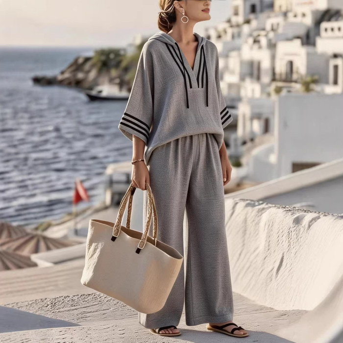 ✨Daily & Leisure Hooded 7-quarter Sleeve Solid Two-piece Outfit☁️