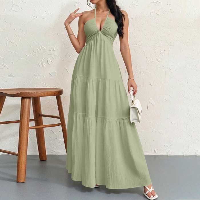 ✨Beach Vacation Bohemian Solid Halter Neck Suspender Maxi Dress🌴
