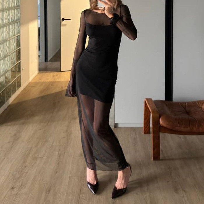 ✨Club & Party O-Neck Mesh Patchwork Perspective Maxi Dress🖤