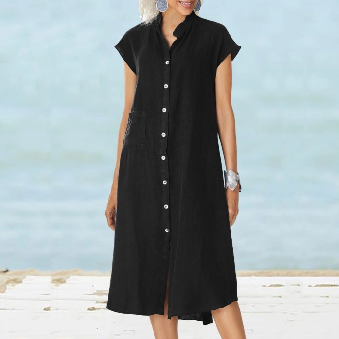 ✨Beach & Daily Casual Black Short Sleeve Button Down Midi Dress🌿