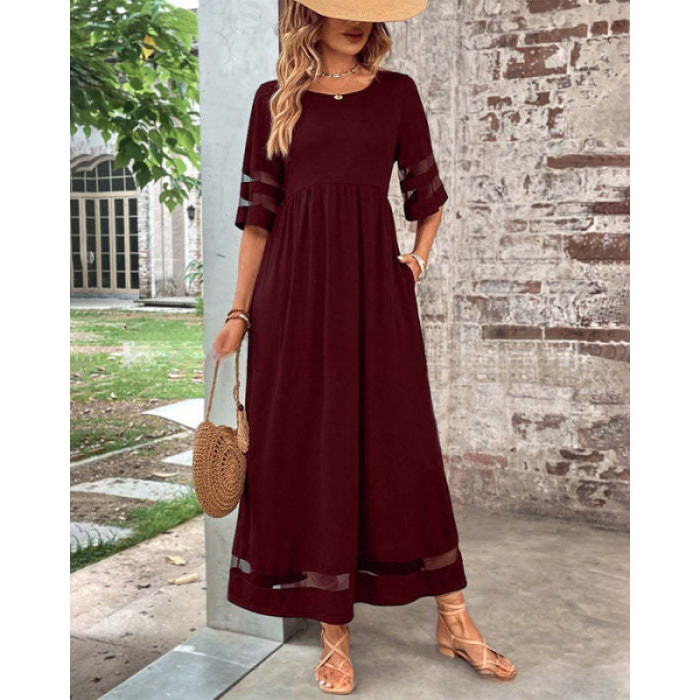 ✨Daily Casual & Shopping Round Neck Mesh Splicing Quarter Sleeve Pocket Dress🍃