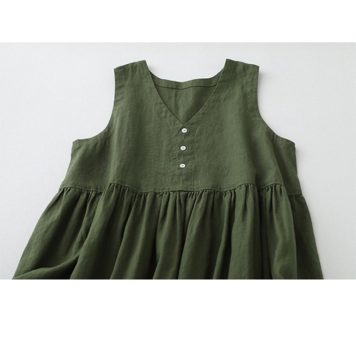 ✨Daily Casual & Summer V Neck Button Down Cotton Linen Sleeveless Midi Dress🌿