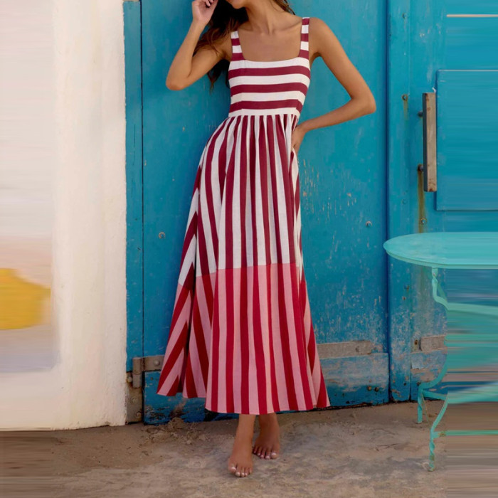 ✨Beach & Party Square Neck Striped Print Backless Long Dress🌊