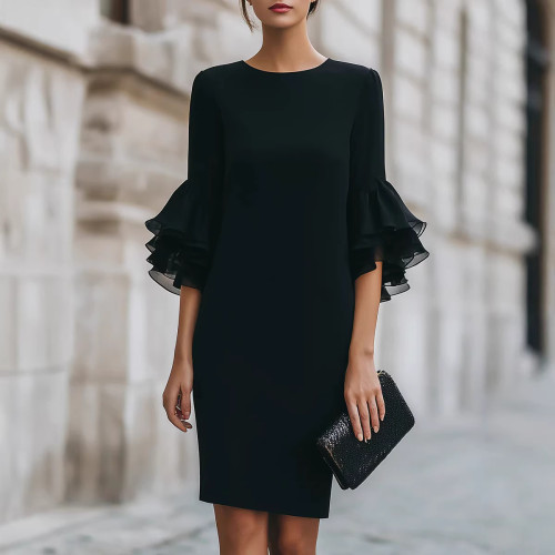 ✨Formal Party Round Neck Chiffon Patchwork Flared Sleeve Mini Dress🌸