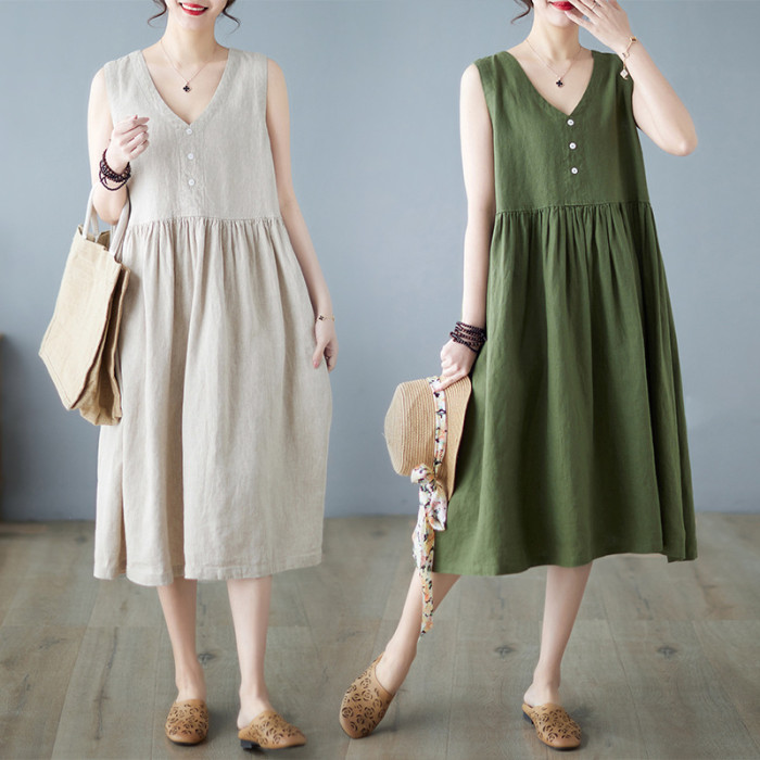✨Daily Casual & Summer V Neck Button Down Cotton Linen Sleeveless Midi Dress🌿