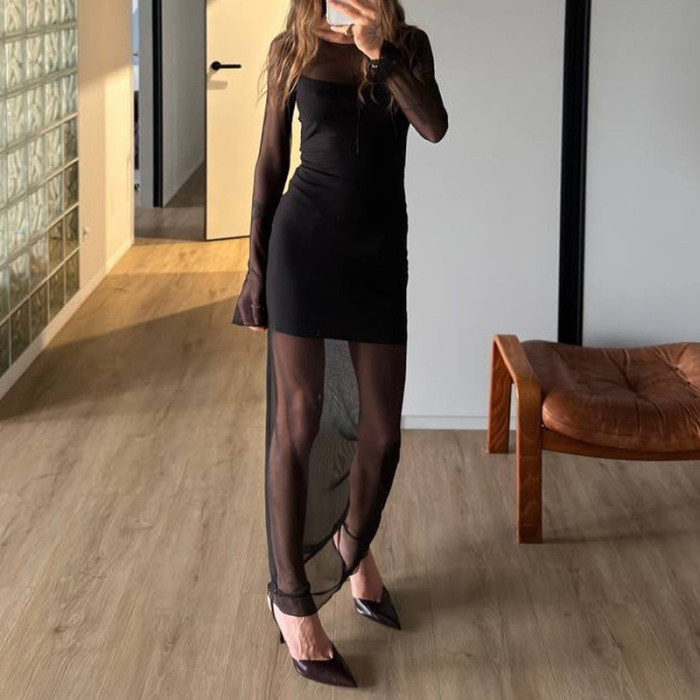 ✨Club & Party O-Neck Mesh Patchwork Perspective Maxi Dress🖤