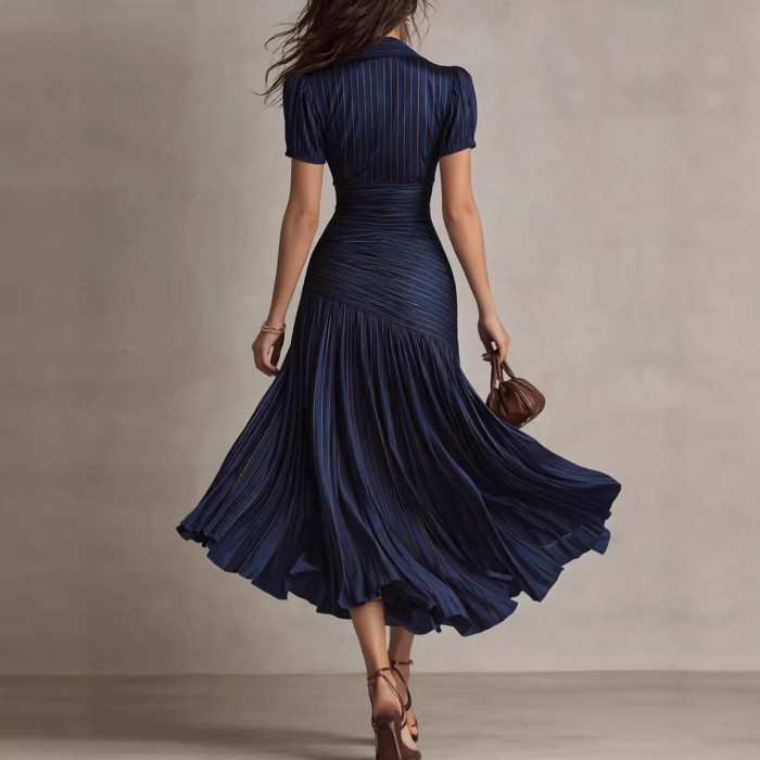 ✨Daily & Commute Lapel Striped High Waist A-Line Shirt Dress🌿
