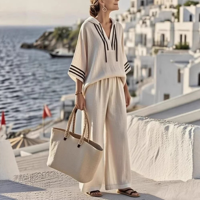 ✨Daily & Leisure Hooded 7-quarter Sleeve Solid Two-piece Outfit☁️