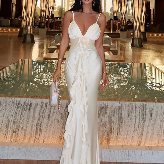 ✨Banquet & Cocktail V-Neck Ruffled Solid Sleeveless Long Dress🥂