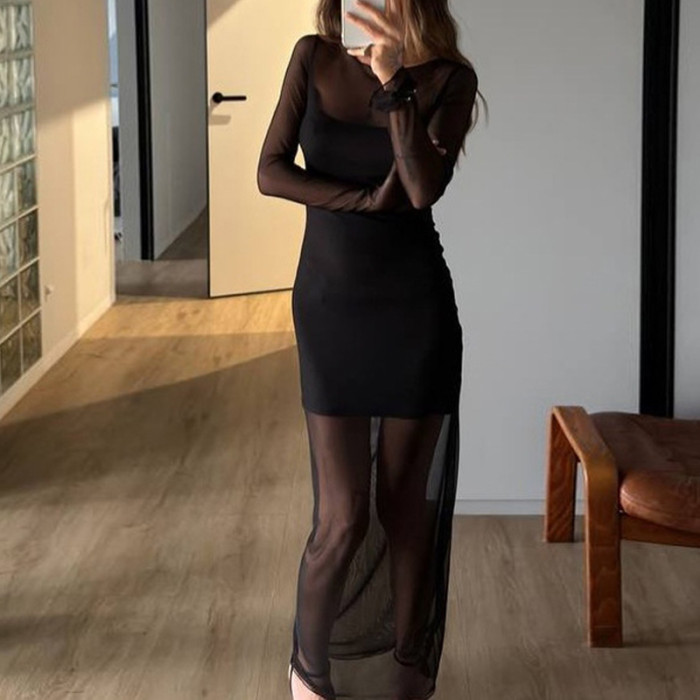 ✨Club & Party O-Neck Mesh Patchwork Perspective Maxi Dress🖤