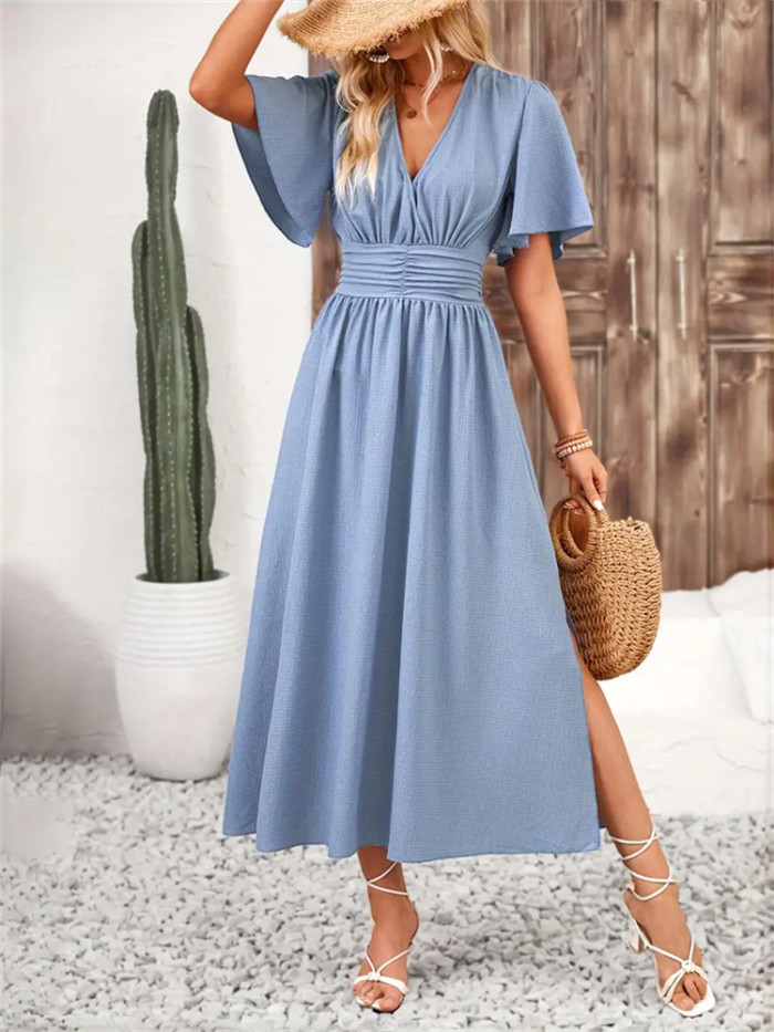 ✨Daily Dating High Street V-Neck Pleated Solid Ruffle Midi Dress🌿