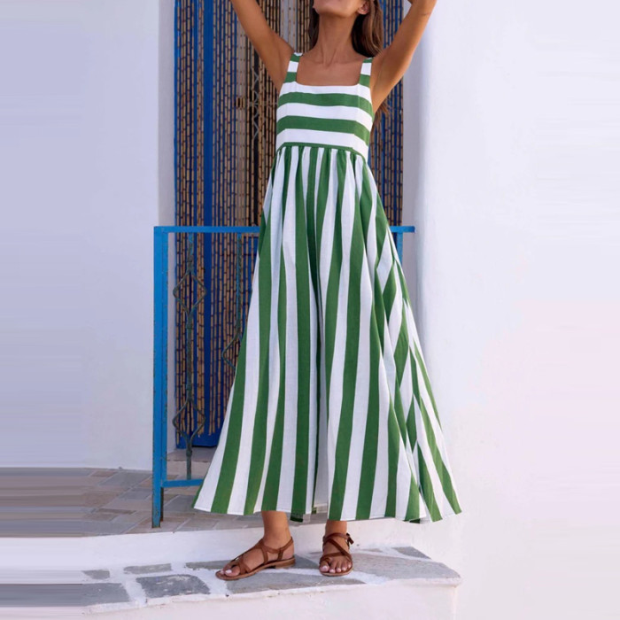 ✨Beach & Party Square Neck Striped Print Backless Long Dress🌊