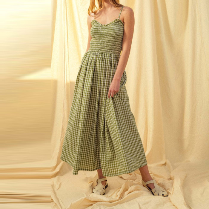 ✨Beach & Party Off Shoulder Plaid Print Suspender Maxi Dress🌿