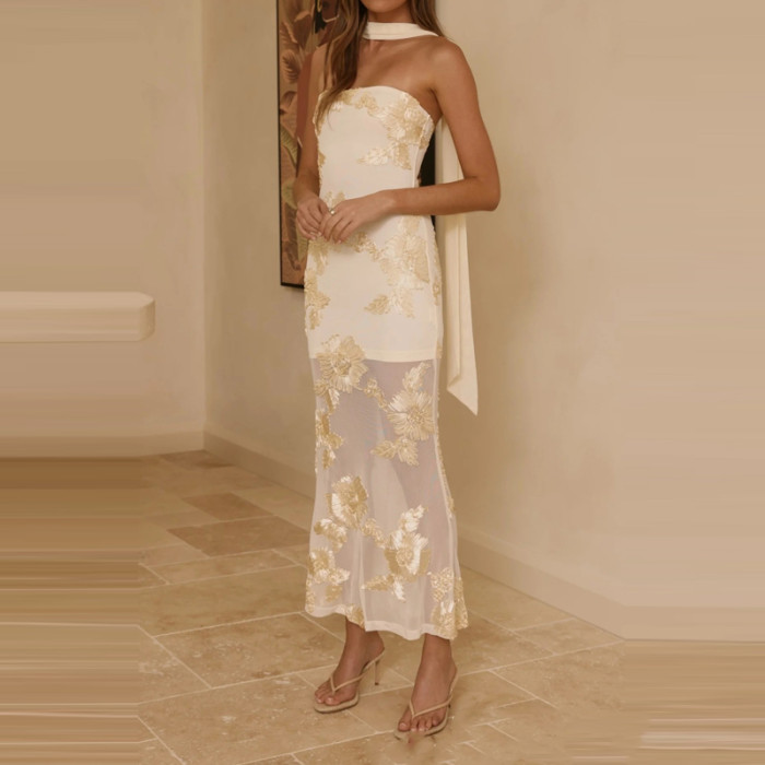 ✨Banquet & Vacation Off Shoulder Backless Printed Mesh Long Dress🌺
