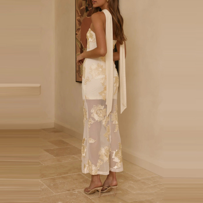 ✨Banquet & Vacation Off Shoulder Backless Printed Mesh Long Dress🌺