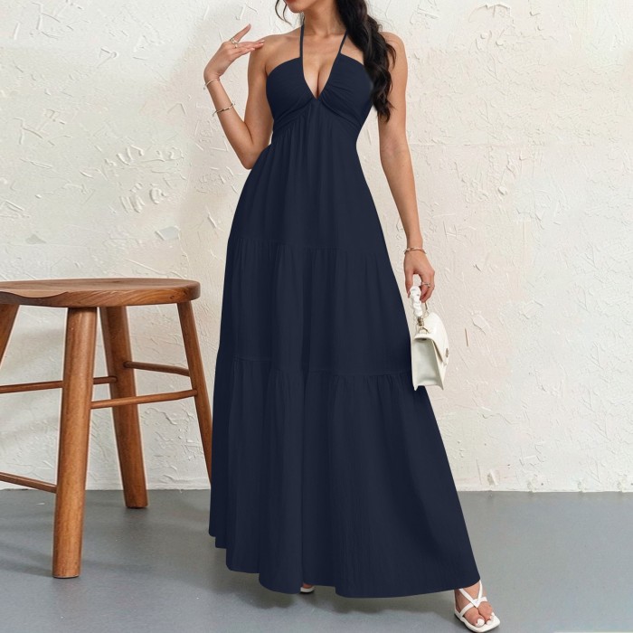 ✨Beach Vacation Bohemian Solid Halter Neck Suspender Maxi Dress🌴