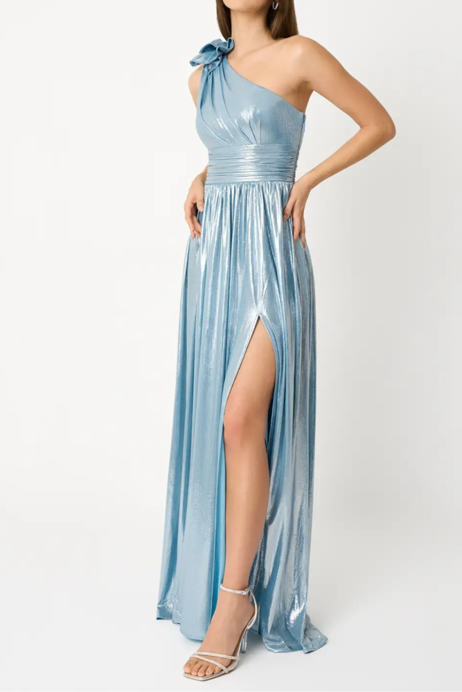 ✨Bridesmaid & Banquet Slanted Neck Blue Floral Off Shoulder Split Long Dress💙