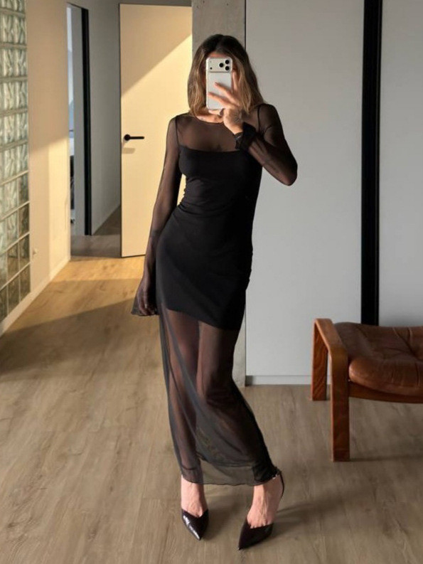 ✨Club & Party O-Neck Mesh Patchwork Perspective Maxi Dress🖤