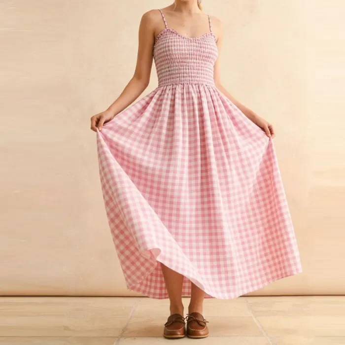 ✨Beach & Party Off Shoulder Plaid Print Suspender Maxi Dress🌿