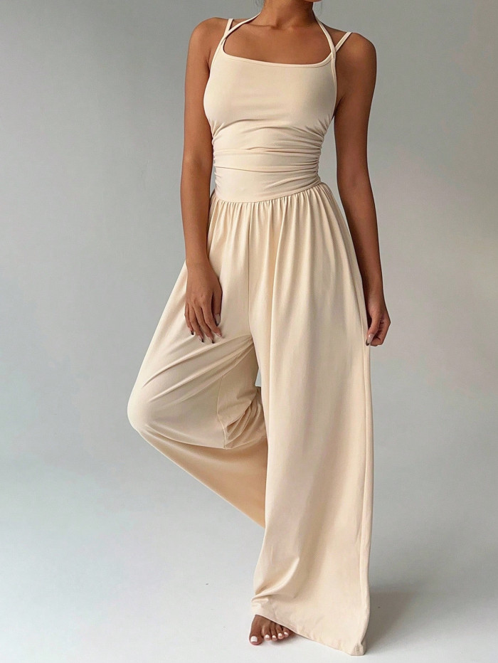 ✨Street & Daily Halter Neck Ruched Sleeveless High Waist Wide Leg Jumpsuit✨
