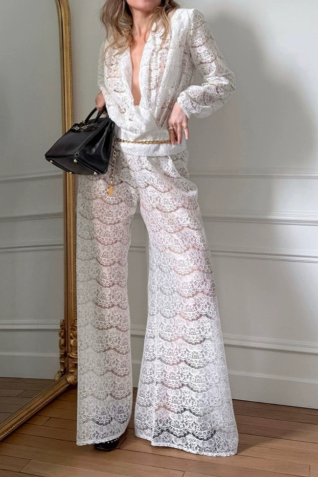 ✨Street & Party White Lace Deep V Long Sleeve Two Piece Set🤍